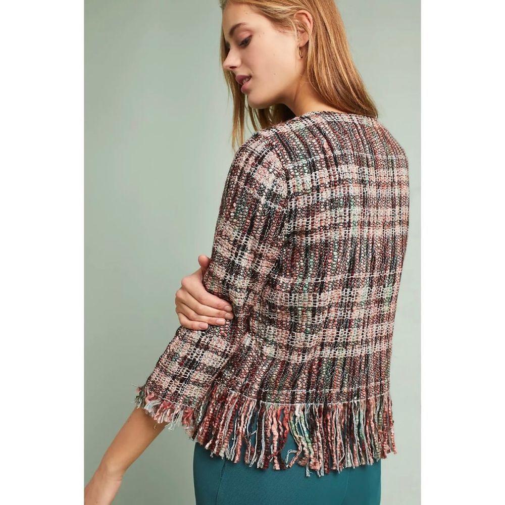 Anthropologie ett:twa Fringed Academy Open Front Tweed Multicolor Jacket